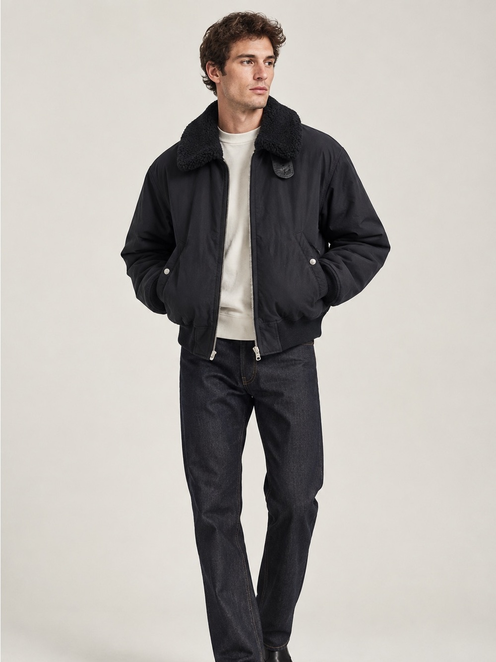 Buck Mason Black Bomber Flight Jacket With Shearling Collar Sample Sz Medium